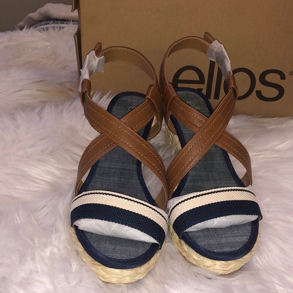 Ellos Navy Blue/ Tan Wedge Sandals